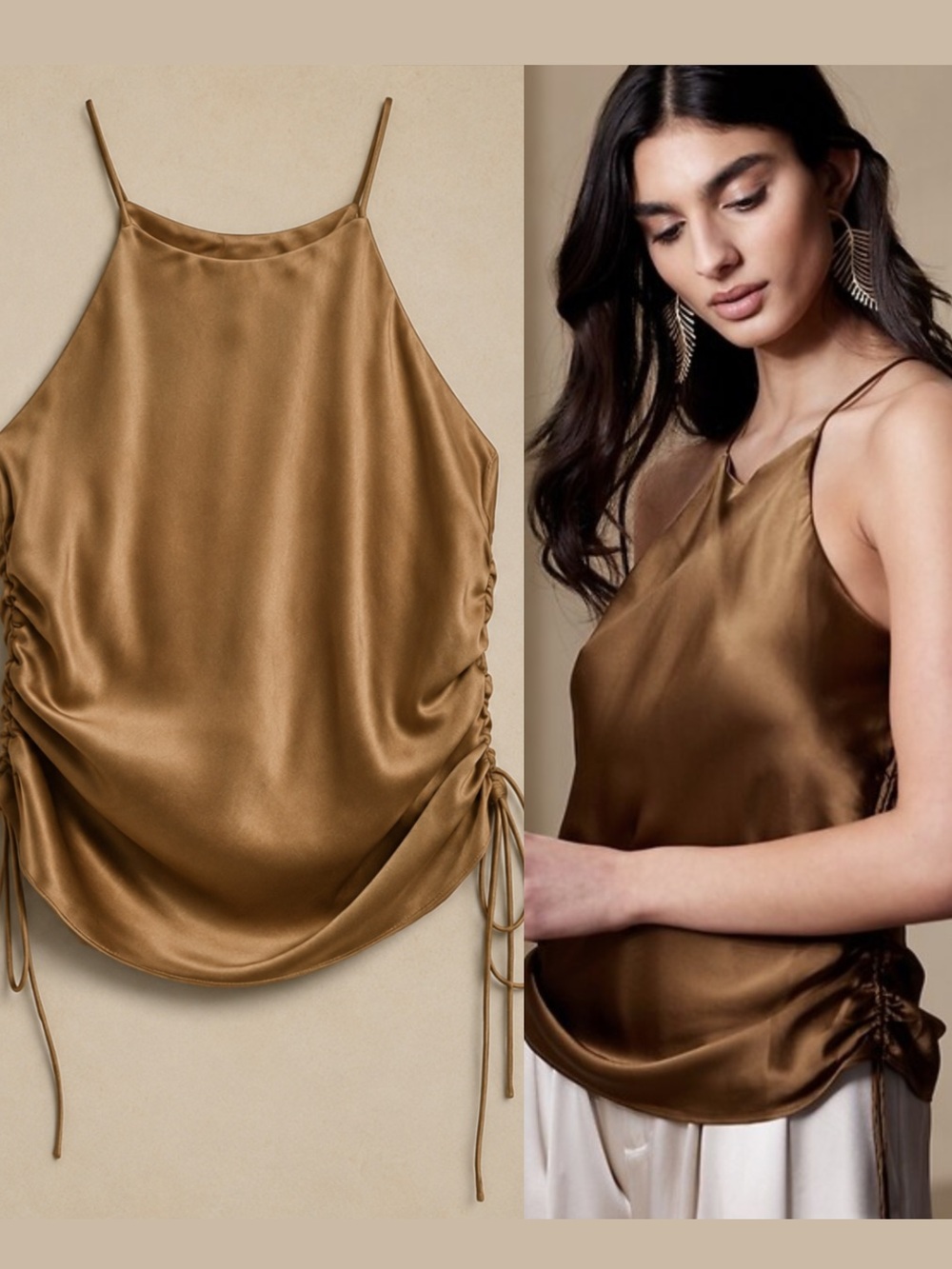 Banana Republic 100% Silk Ruched Tie Side Cami Tank Top Brown Bronzey XL Y2K